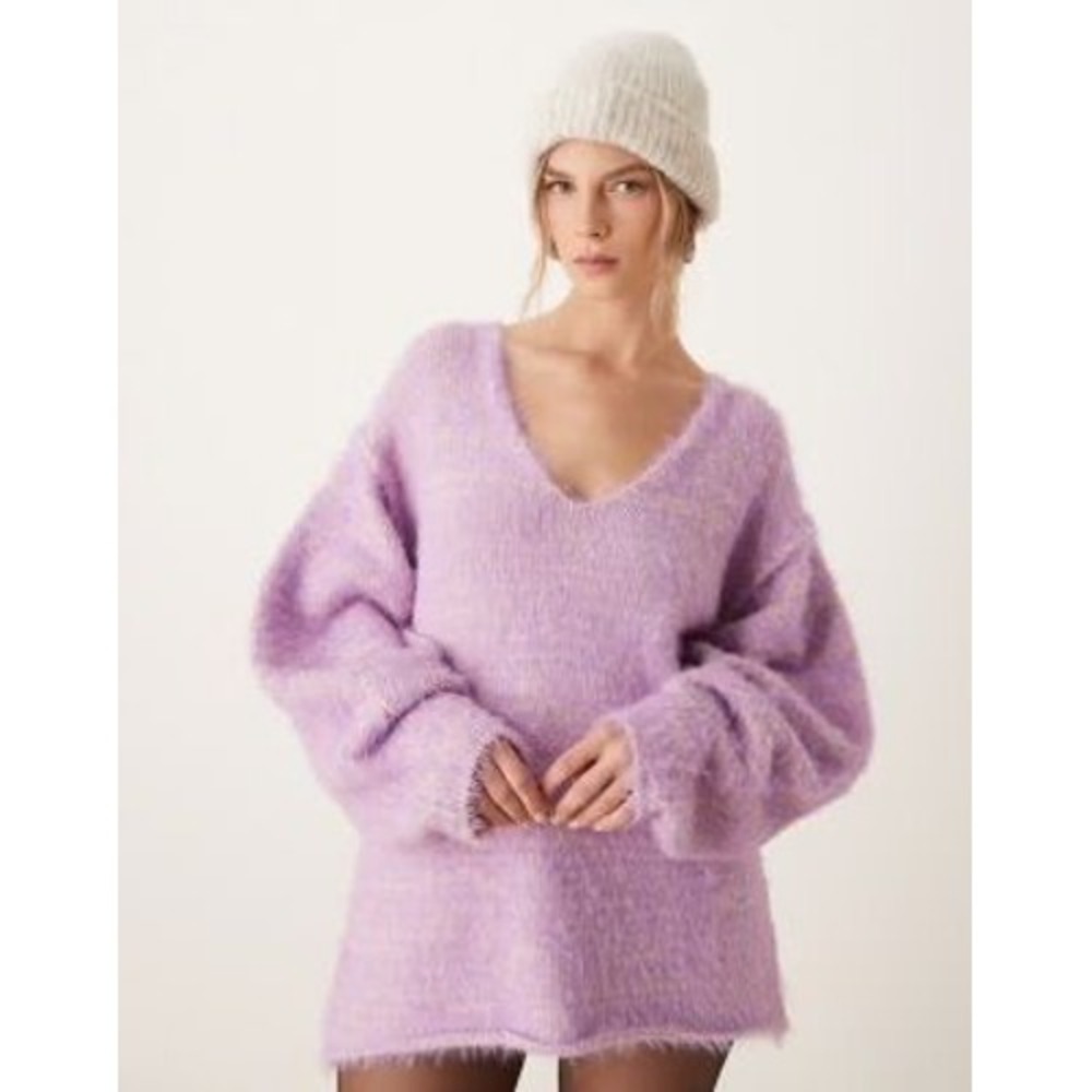 Free People Oversized Eyelash Knit V-Neck Sweater Lavender Purple Large